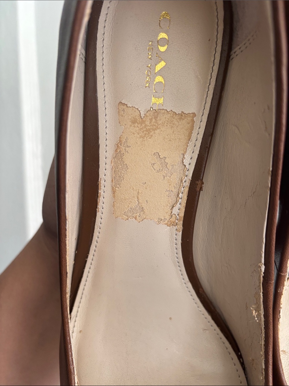 COACH Brown Leather Pointed Toe Flats with Patterned Toe and Gold Plaque - Picture 5 of 16